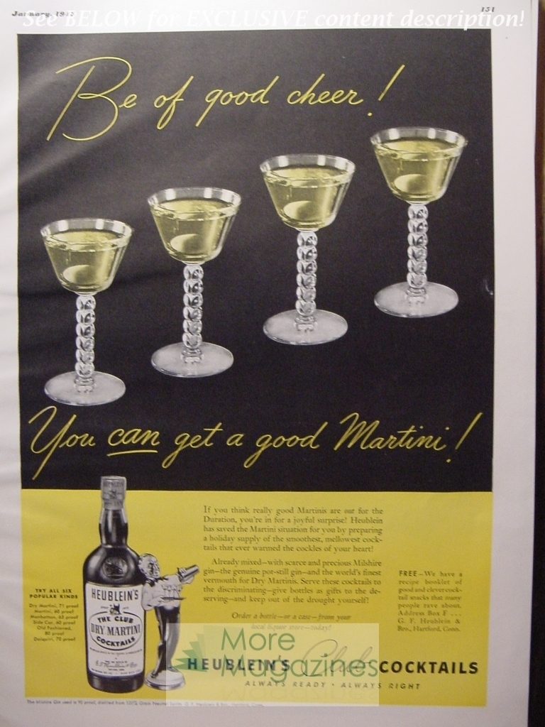 1943 RARE Esquire Advertisement AD HEUBLEIN's Club Cocktails, for DRY MARTINIS. 1943 RARE Esquire Advertisement AD HEUBLEIN's Club Cocktails, for DRY MARTINIS.