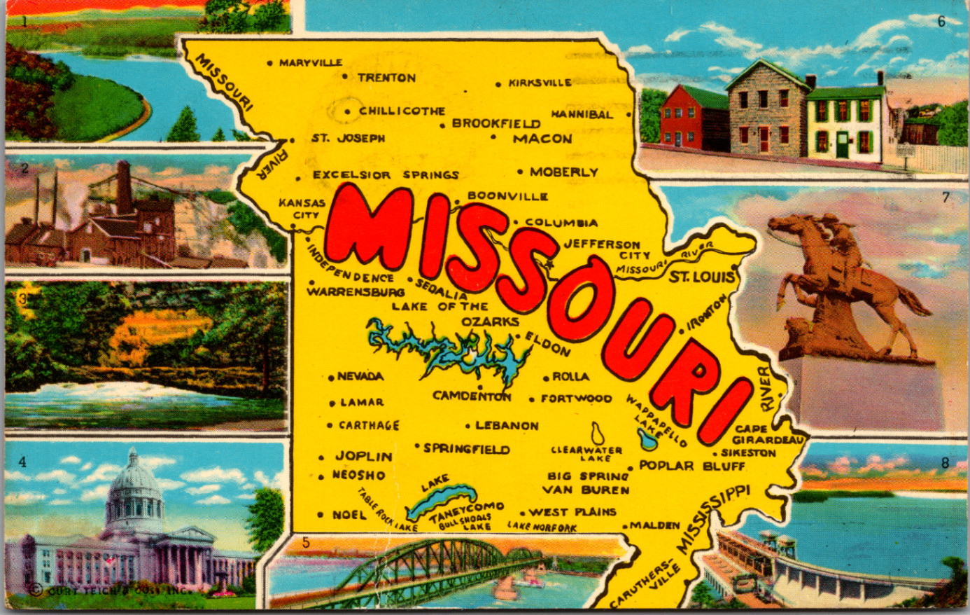 Vintage Missouri Map Postcard - Curt Teich Linen, 1964 Posted Vintage Missouri Map Postcard - Curt Teich Linen, 1964 Posted