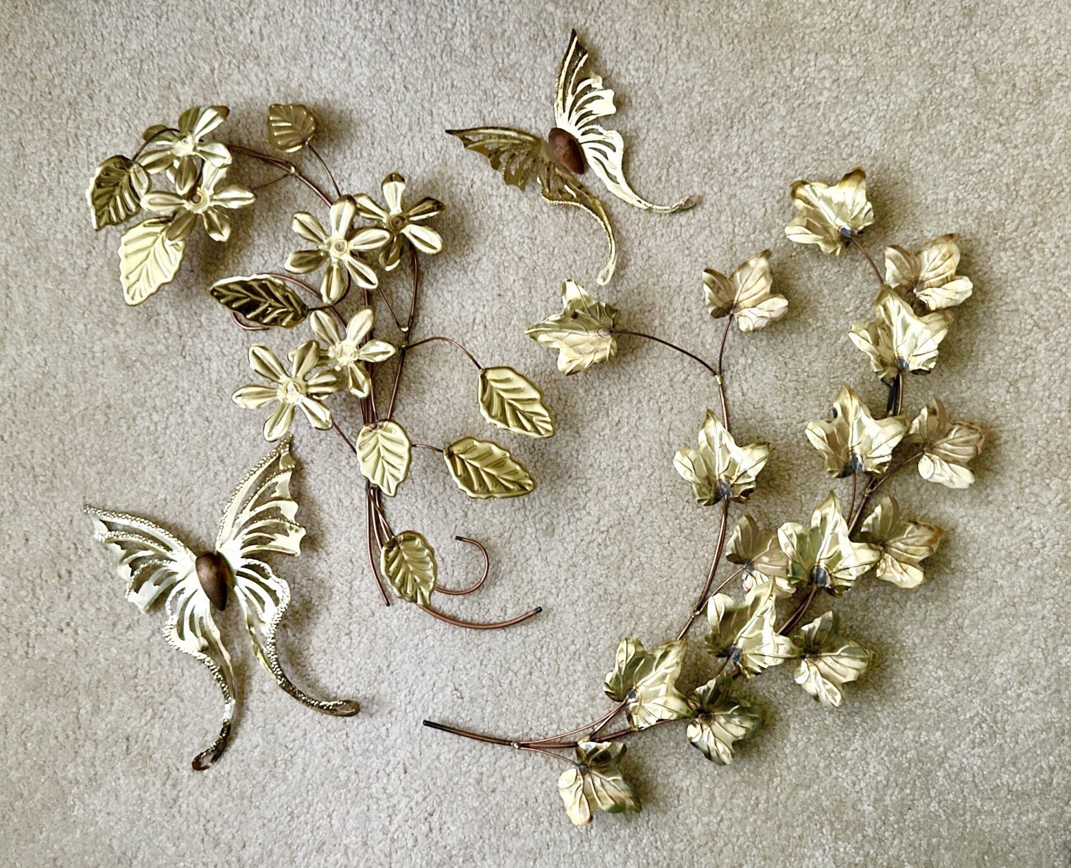 2 Vtg MCM Metal Brass Copper Leaf Branches Wall Hanging Art Decor & Butterflies