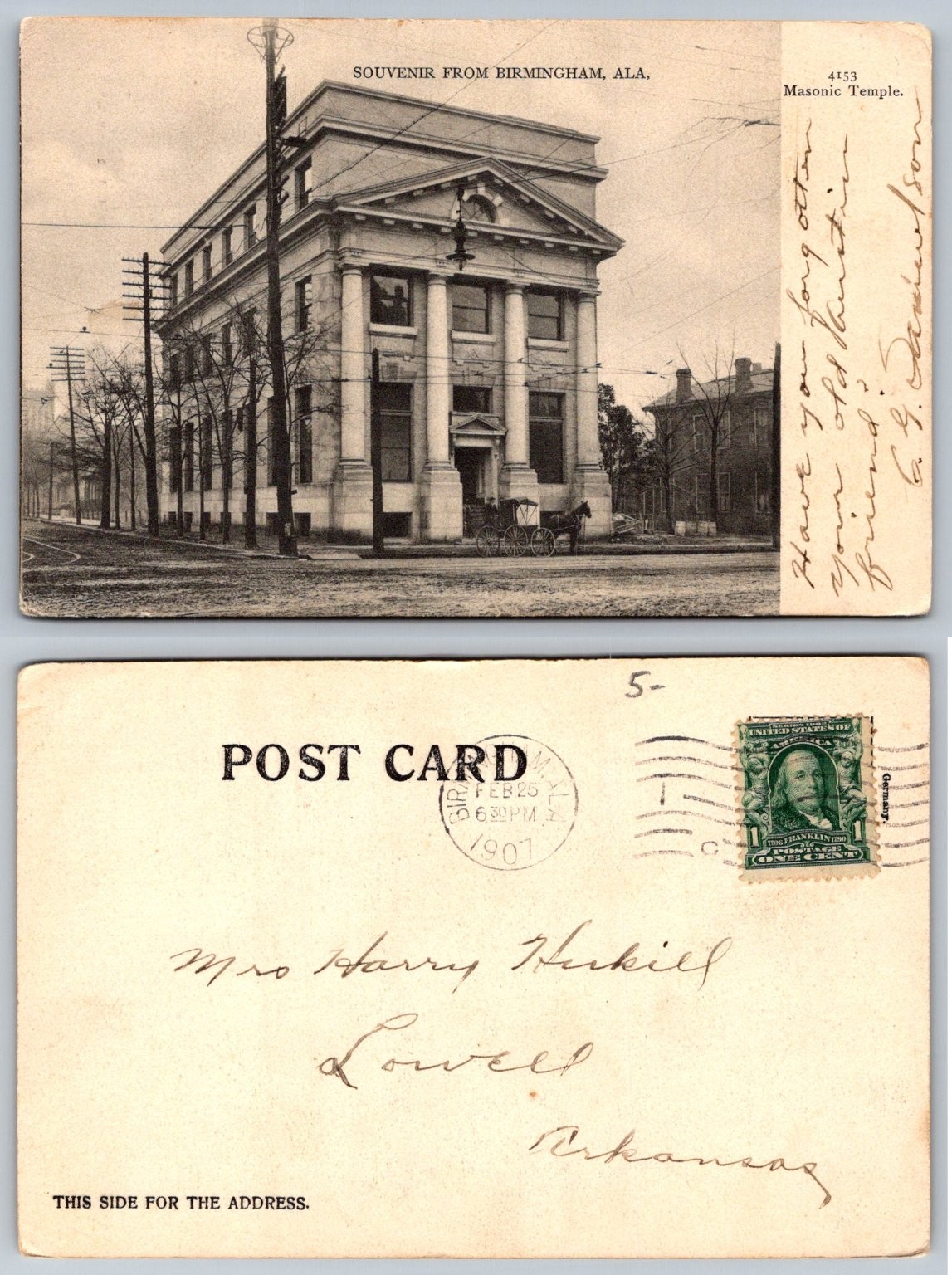 1907 Birmingham AL Masonic Temple Postcard Horse & Buggy Alabama History 1907 Birmingham AL Masonic Temple Postcard Horse & Buggy Alabama History