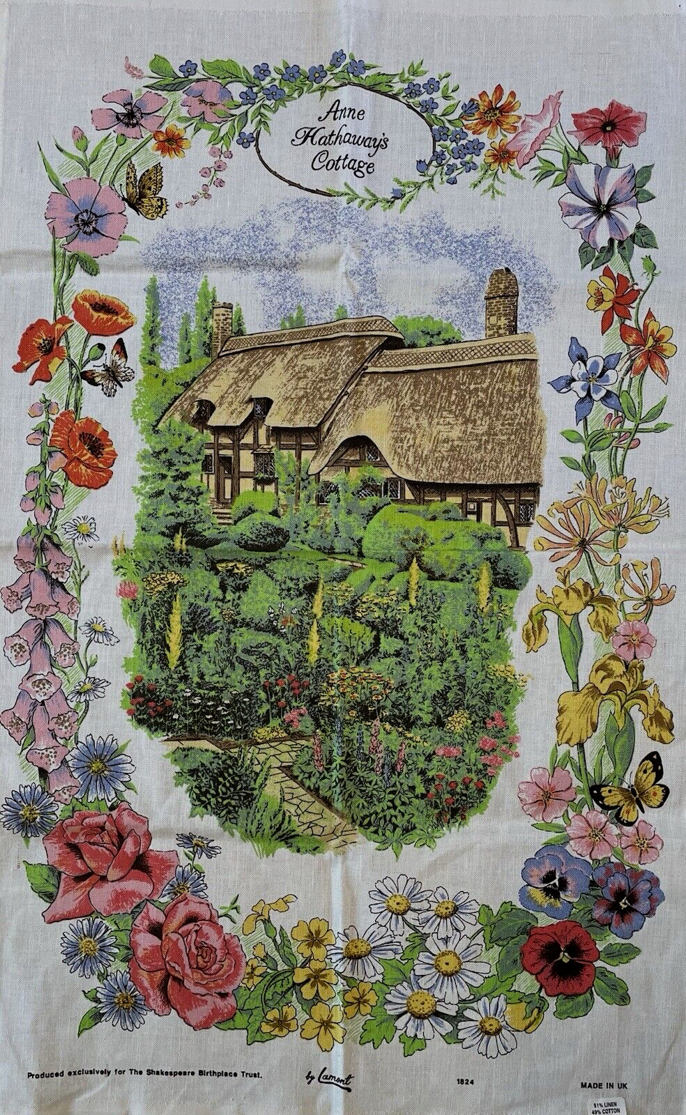 Vintage Tea Towel Anne Hathaway\'s Cottage By Lamont Size 30 x 19 New
