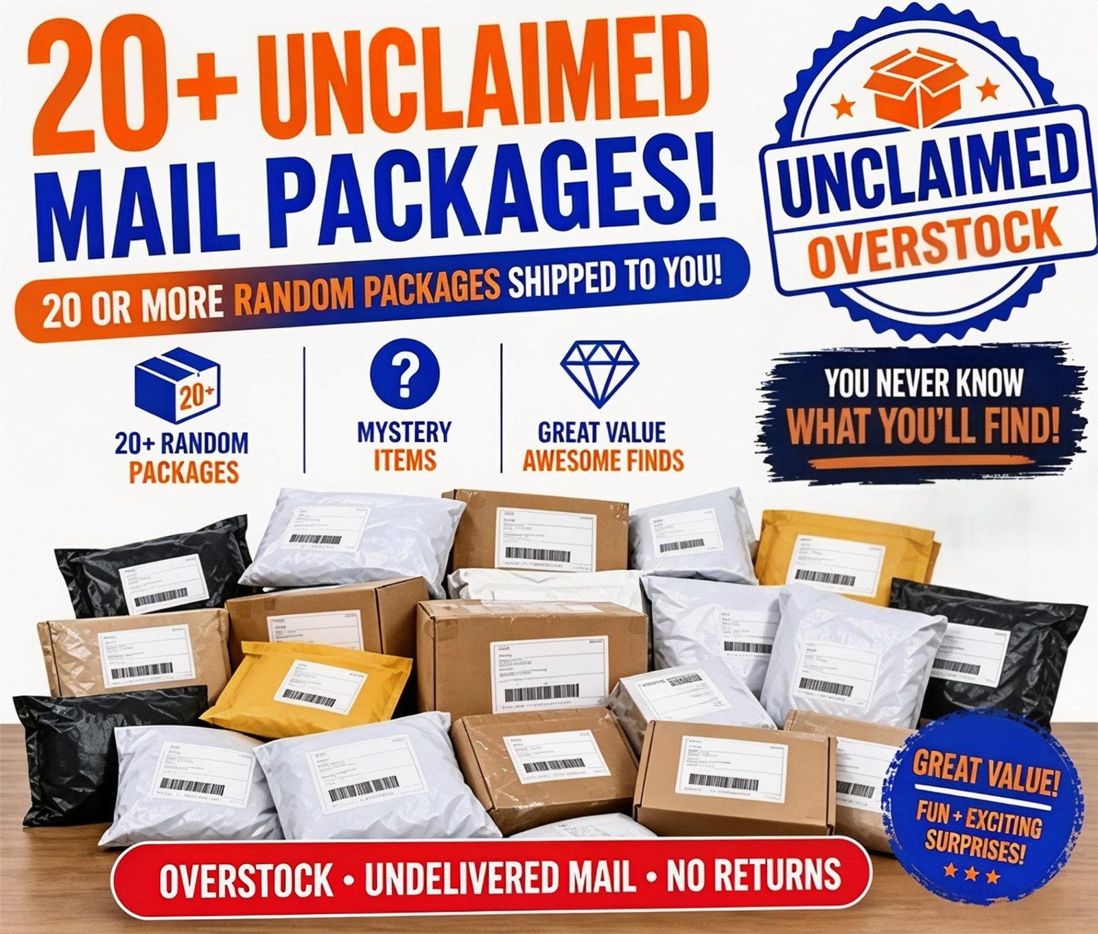 Unclaimed Mail Mystery Box - 20 Undelivered Package - No Return Mail