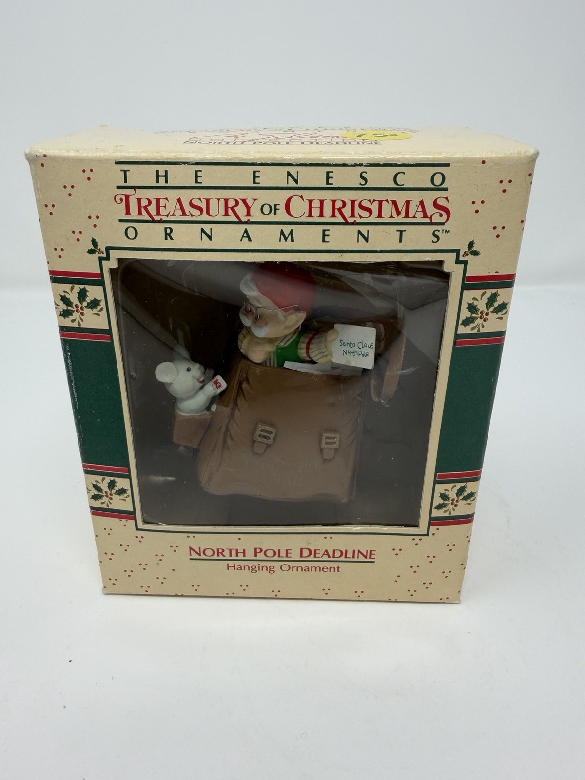 1988 Enesco Santa and Mouse Christmas Hanging Ornament NORTH POLE DEADLINE