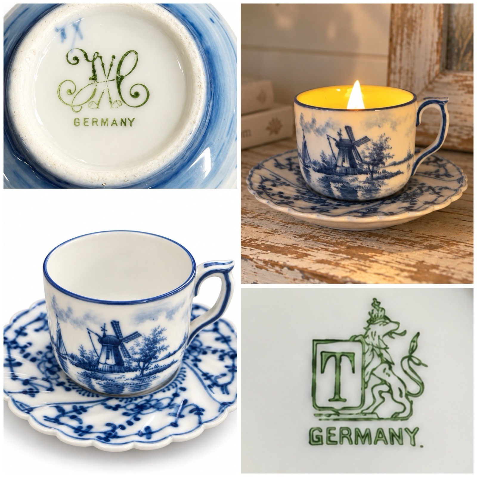 Antique Mix & Match Mini Teacup & Saucer Set Tettau Windmill, Blue & White