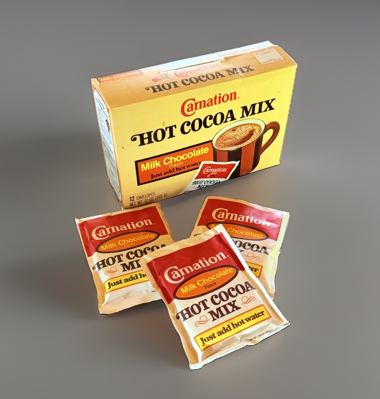 Vintage 1980's Carnation Hot Cocoa Mix Milk Chocolate Advertising Box w/ Packets
