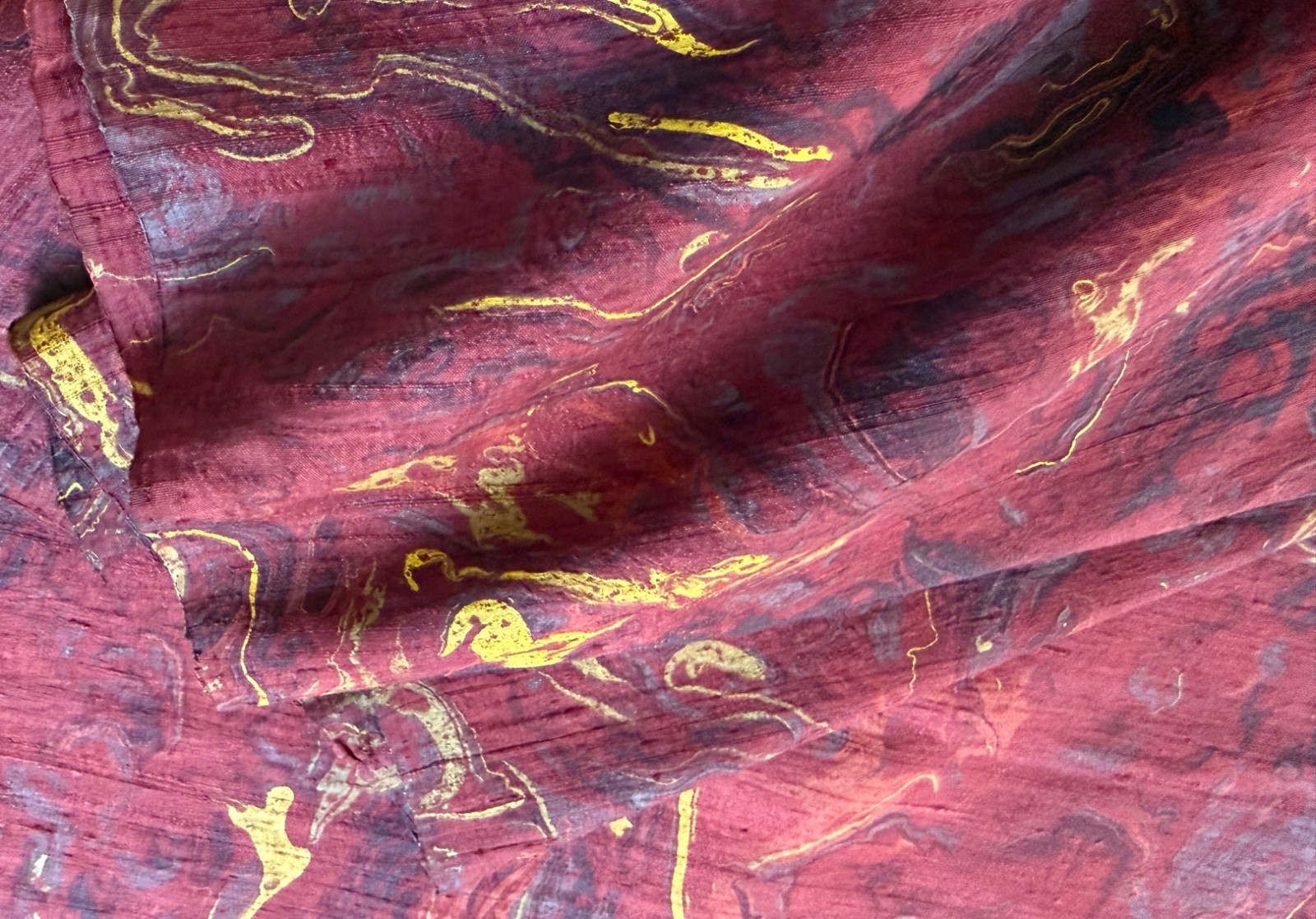 Vintage Asian Painted Handwoven Burgundy Silk Yardage NWOT B356