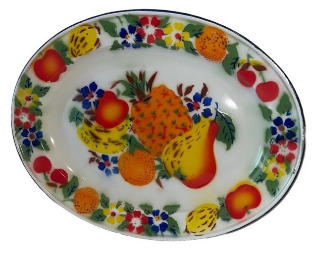 Vtg Retro MCM Metal Enamelware Oval Platter Fruit & Flowers 17.5