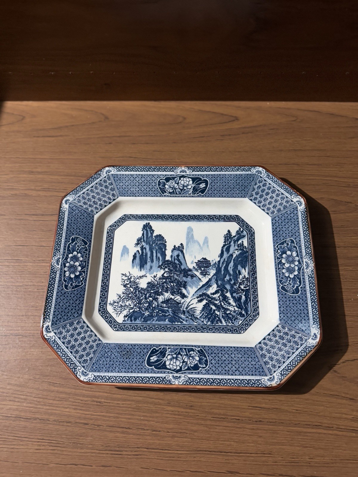 Vintage Blue White Asian Landscape Octagonal Serving Platter Tray 13 3/8”