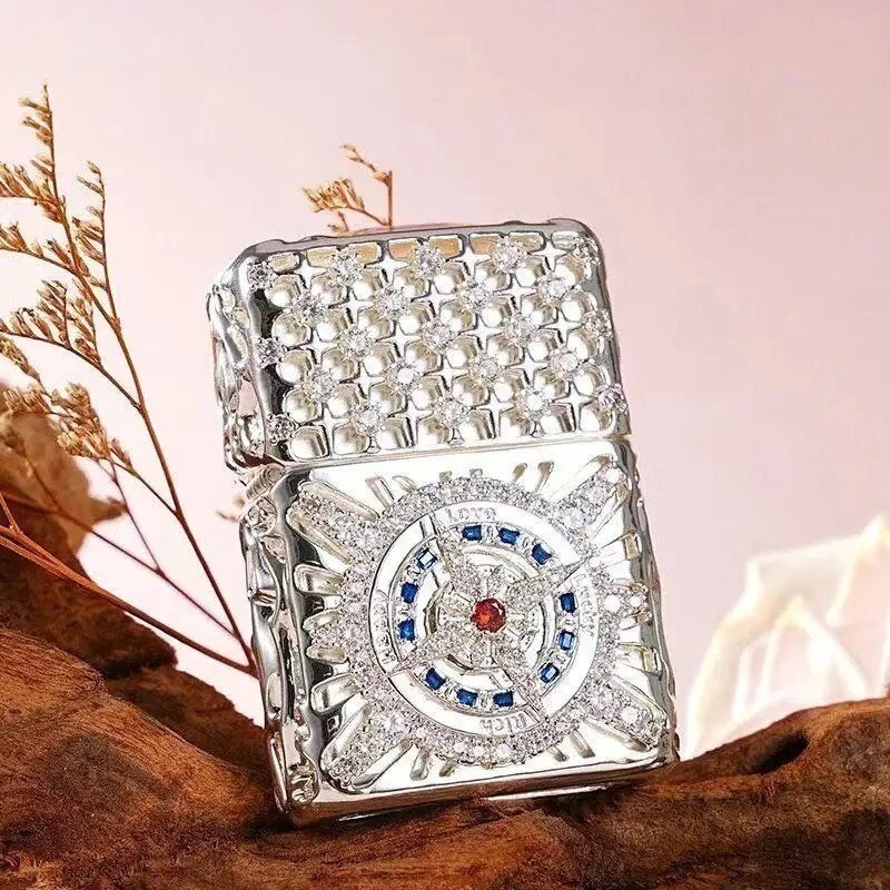 Luxury Brass Diamond Set Fuel Lighter Windproof Flint Wheel Gift Box for Men NEW Luxury Brass Diamond Set Fuel Lighter Windproof Flint Wheel Gift Box for Men NEW