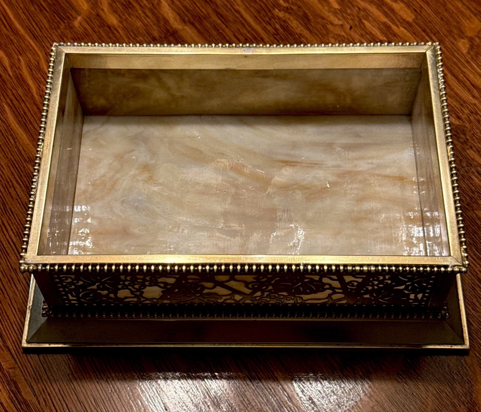 Antique Tiffany “beaded”Grapevine Golden Gilt Jewelry Box #830 Caramel Glass