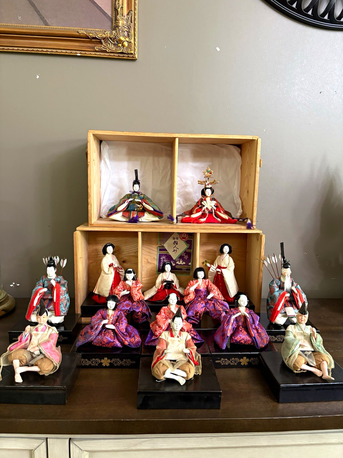 hina doll ningyo display set 15 figures w/ wooden storage boxes READ
