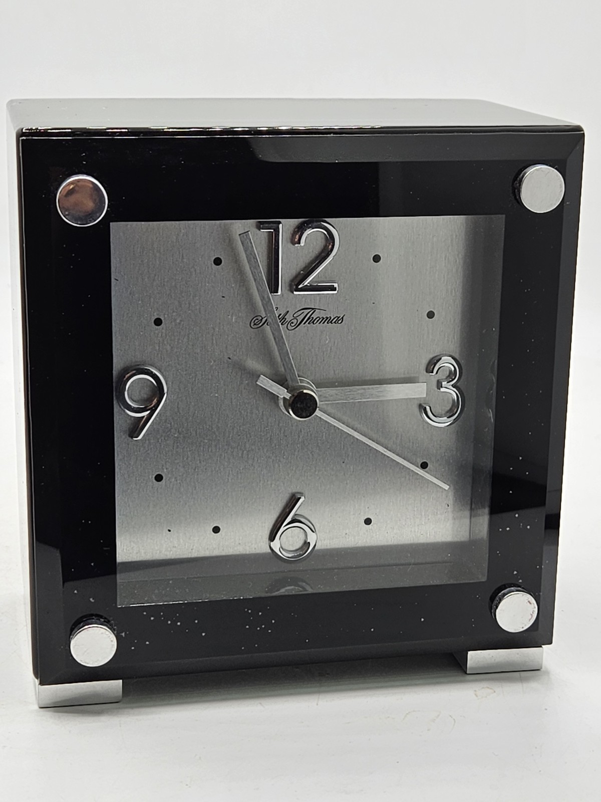 Vintage MCM Seth Thomas Desk Clock Black With Silver Metallic Accents 5 Inches