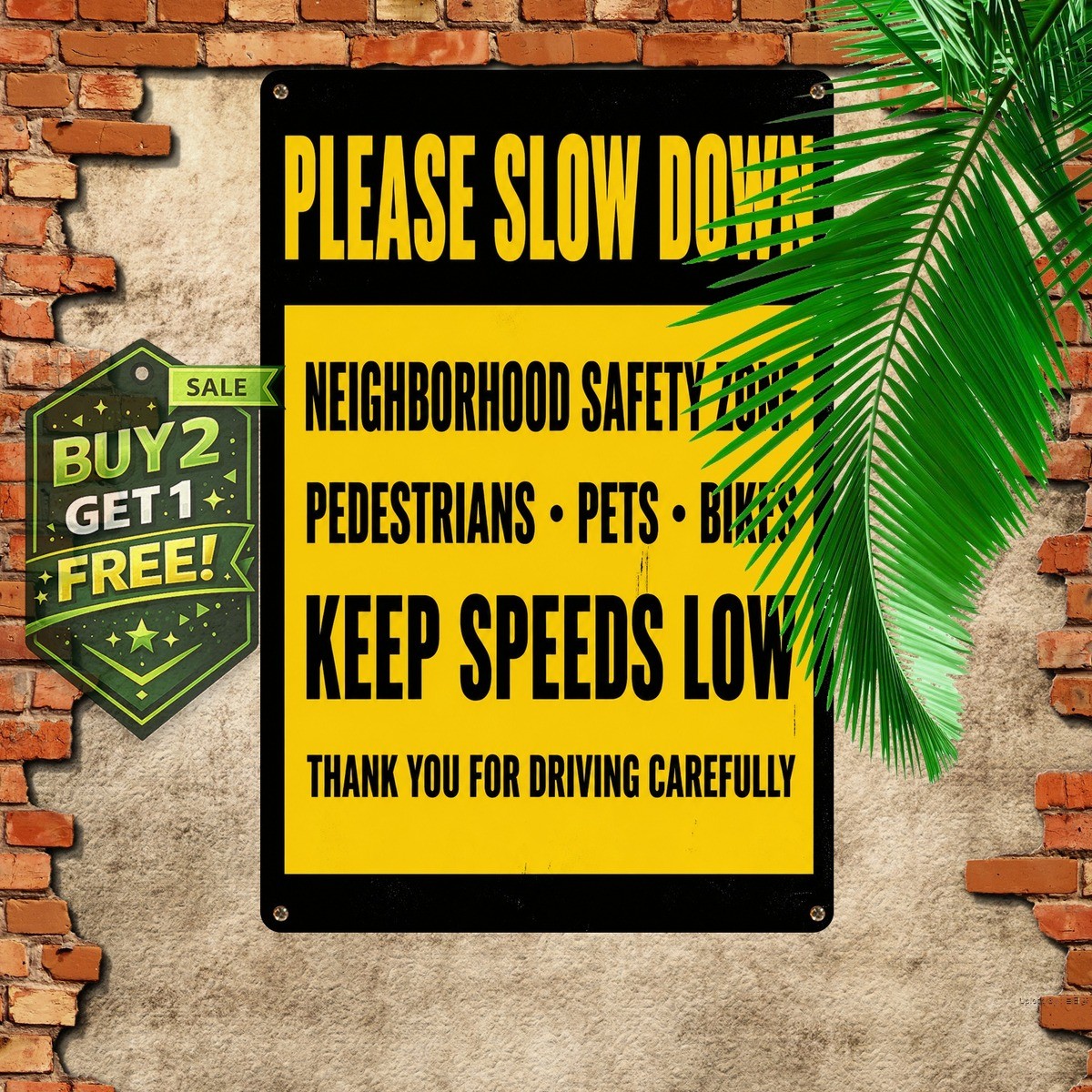 Slow Down Warning Tin Metal Sign Road Safety Caution Plaque
