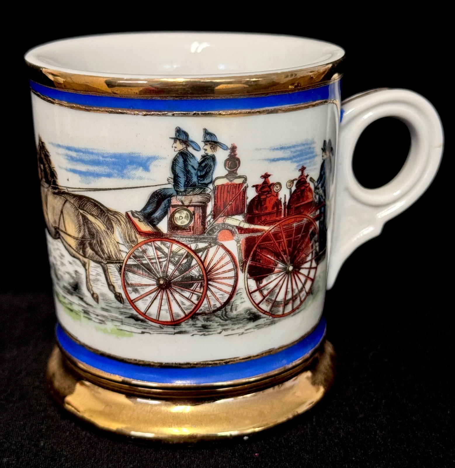 Vtg CERAMIC Shaving MUG w/ AMERICAN Horse Drawn FIRE WAGON GOLD & Blue DETAILS