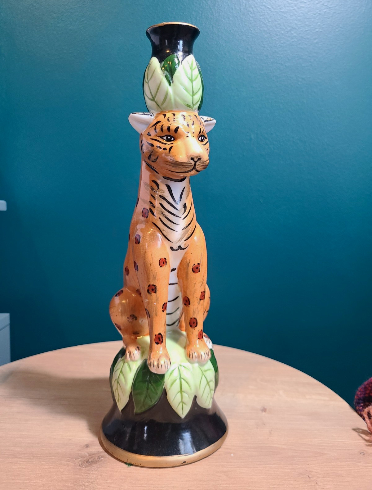 Vintage 90s CBK Ltd. Ceramic Sitting Leopard Cheetah Figurine Candle Holder 