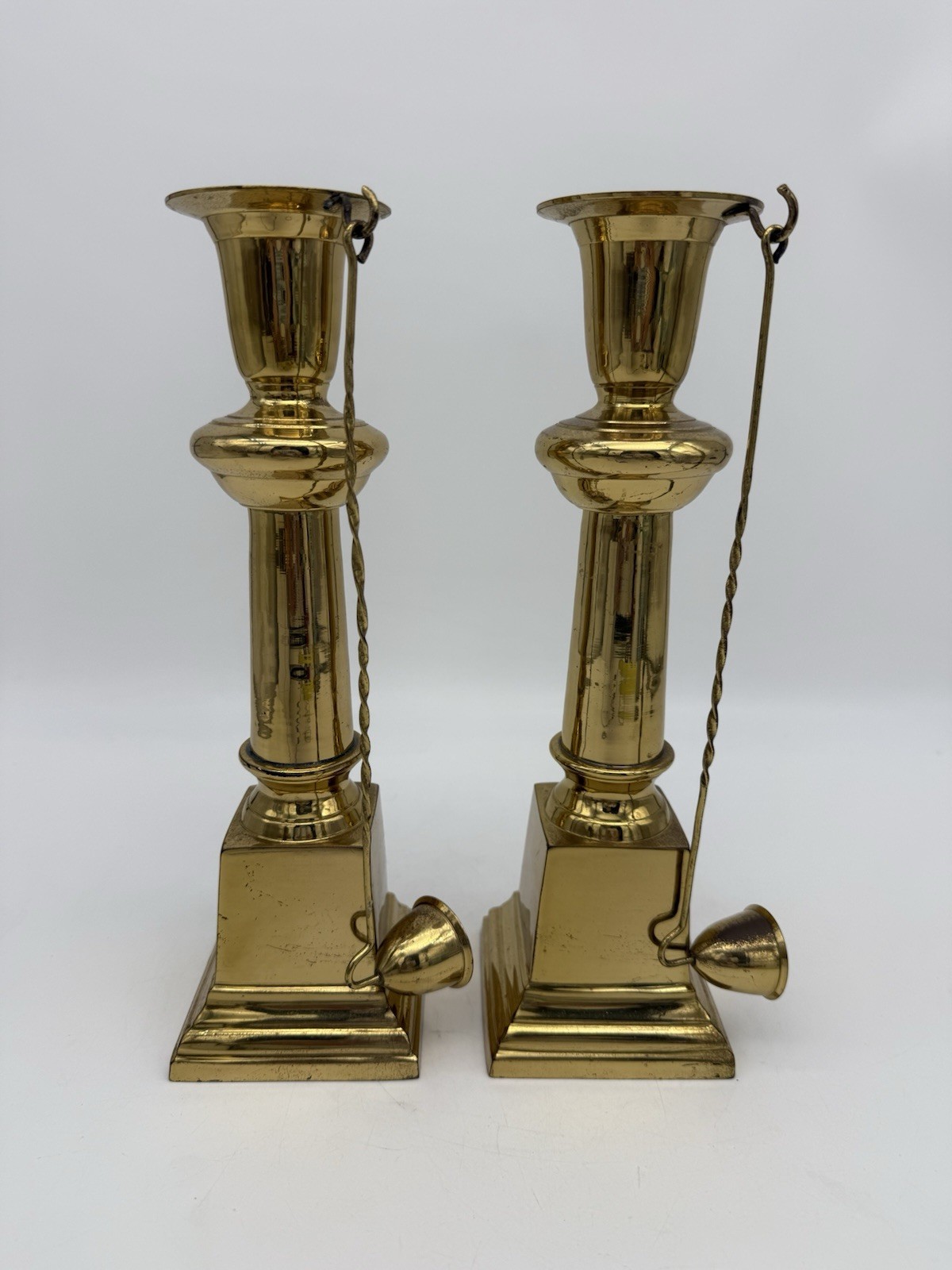 2 EUC Vintage Brass Candle Sticks Square Base with Snuffer Hooks And Snuffer 2 EUC Vintage Brass Candle Sticks Square Base with Snuffer Hooks And Snuffer