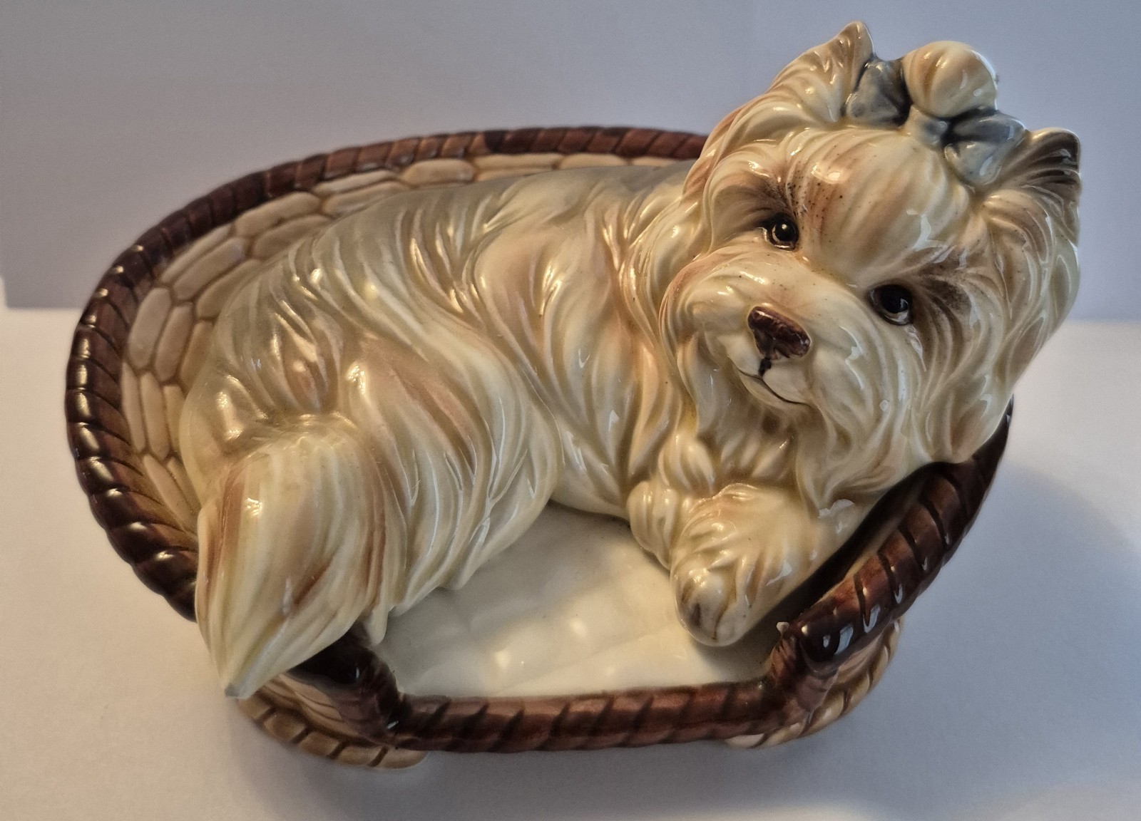 Vintage Ceramic Yorkshire Terrier Yorkie Dog in Basket Figurine Ornament 6 Inch Vintage Ceramic Yorkshire Terrier Yorkie Dog in Basket Figurine Ornament 6 Inch