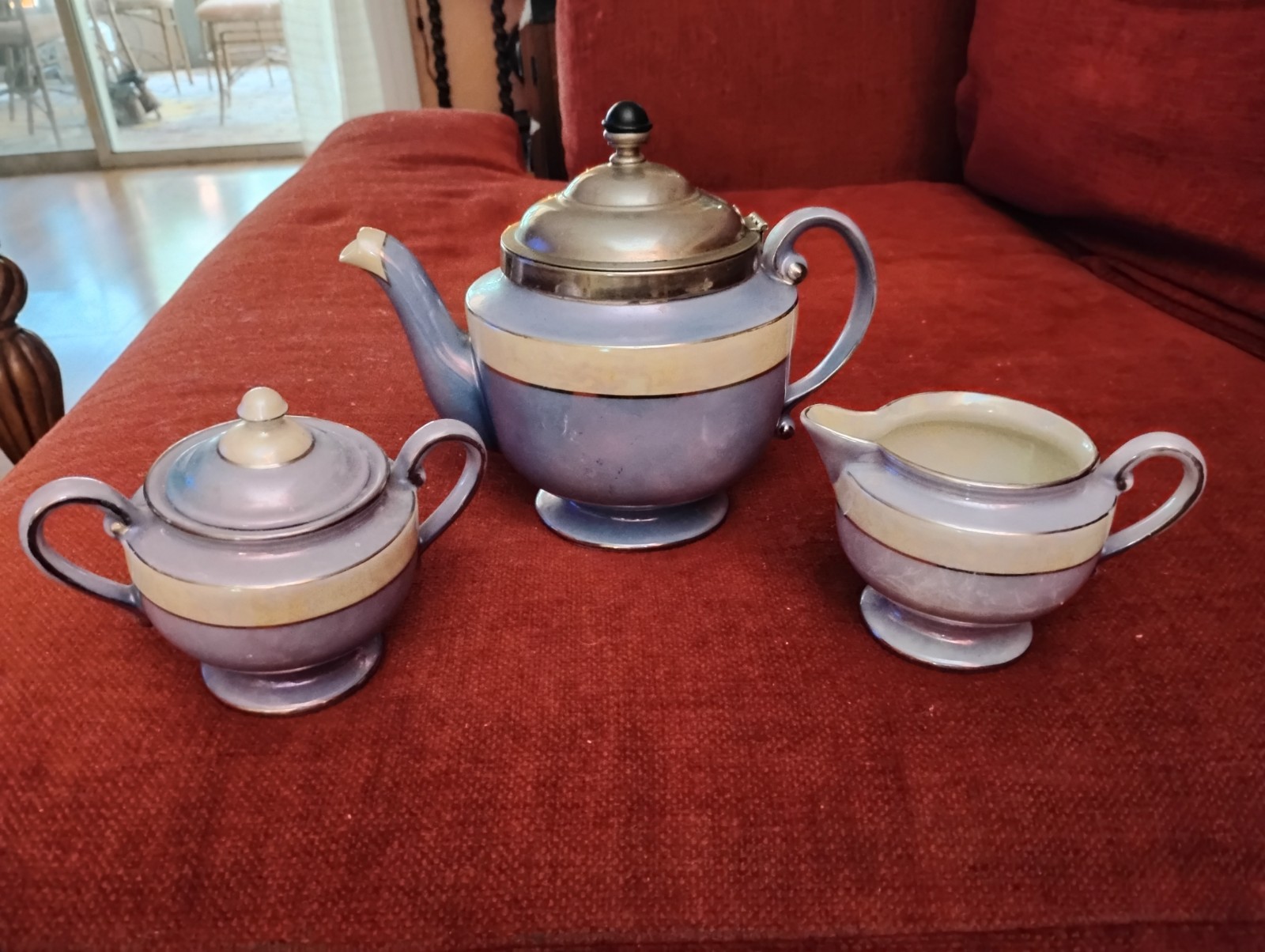 Vintage Royal Rochester Fraunfelter Teapot Art Deco Lusterware w/ Sugar& Creamer Vintage Royal Rochester Fraunfelter Teapot Art Deco Lusterware w/ Sugar& Creamer