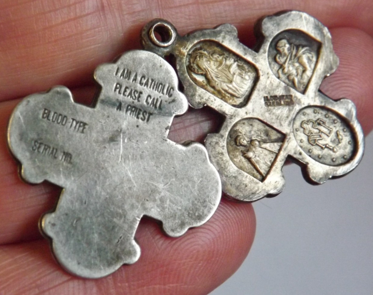WWII Sterling silver Catholic slide cross Jesus Mary Saint Joseph scapular medal