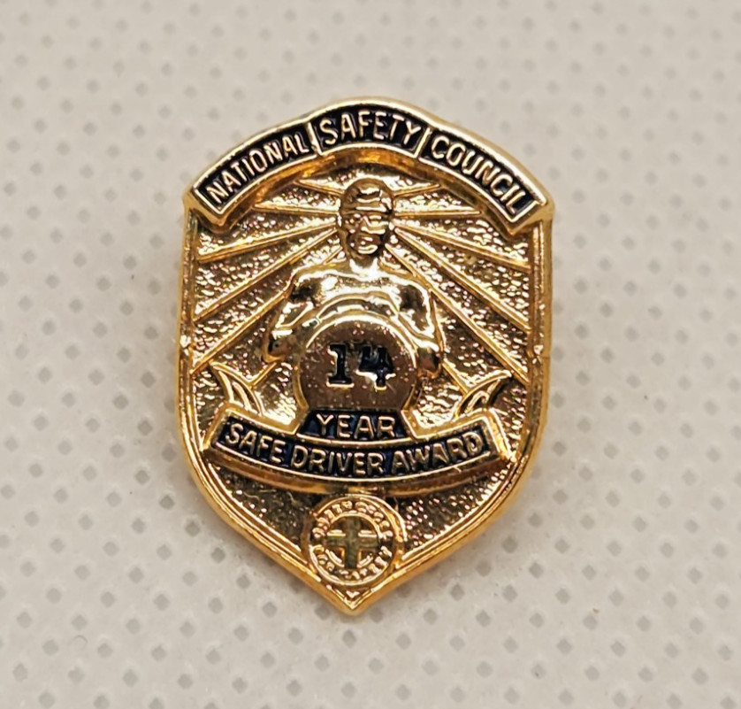 Vintage Metal National Safety Council Safe Driver Award Screw Back Pin 14 Years