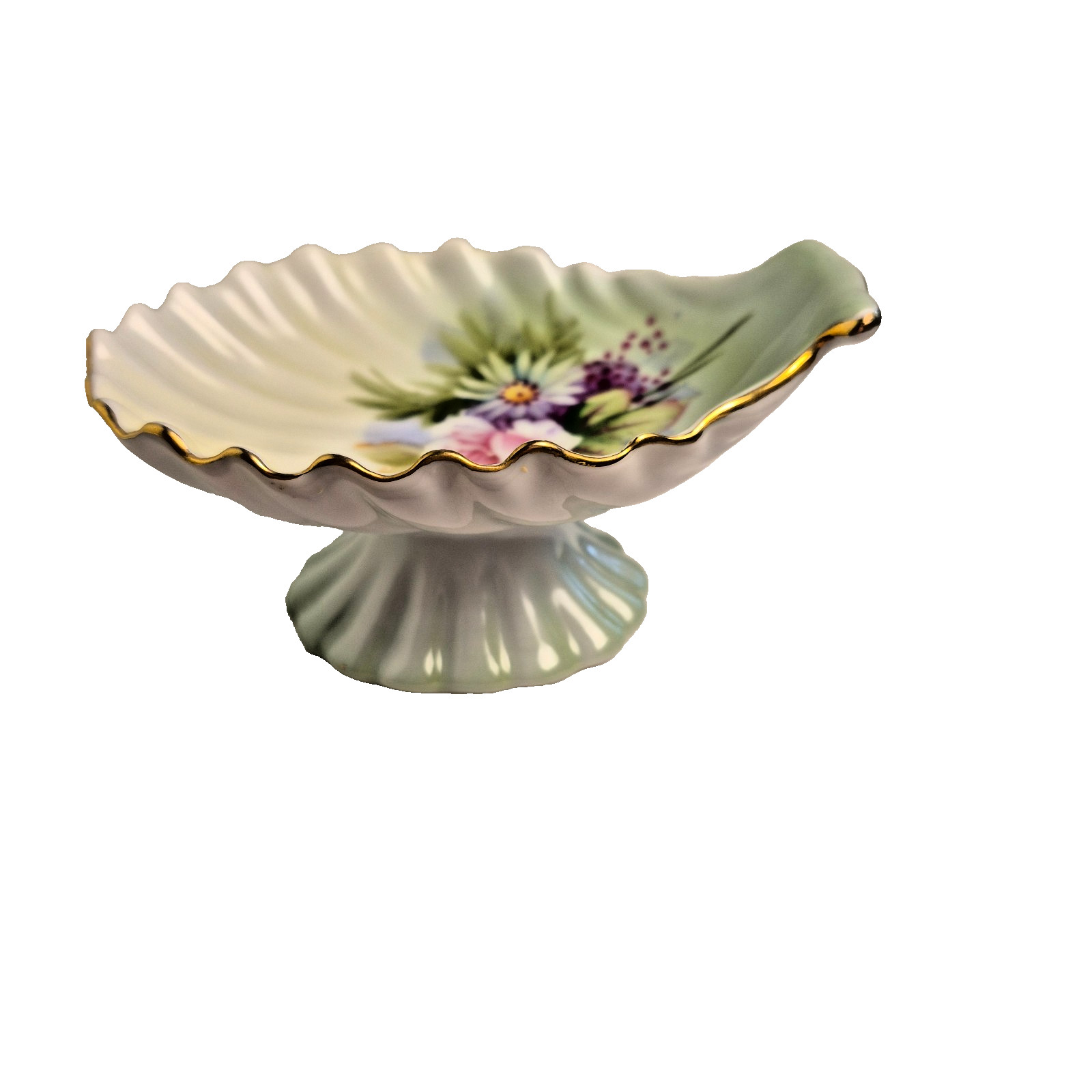 Vtg Lefton Shell Dish Hand Painted Floral 5066 Trinket Ring Soap Pedestal Green
