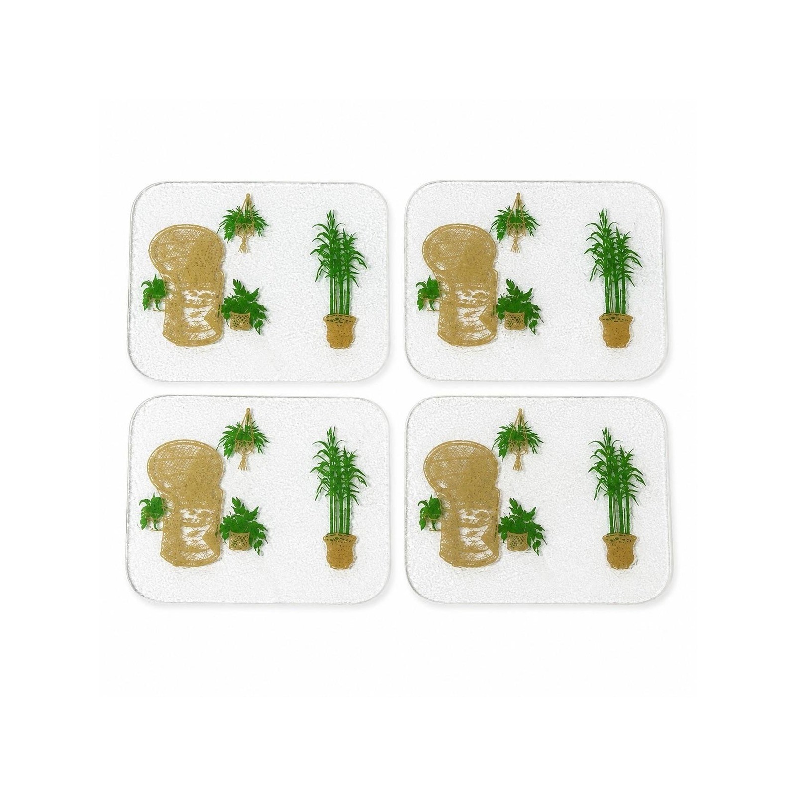 Vintage 70s Henco Acrylic Serving Pads Wicker Chair Macrame Ferns Set of 4