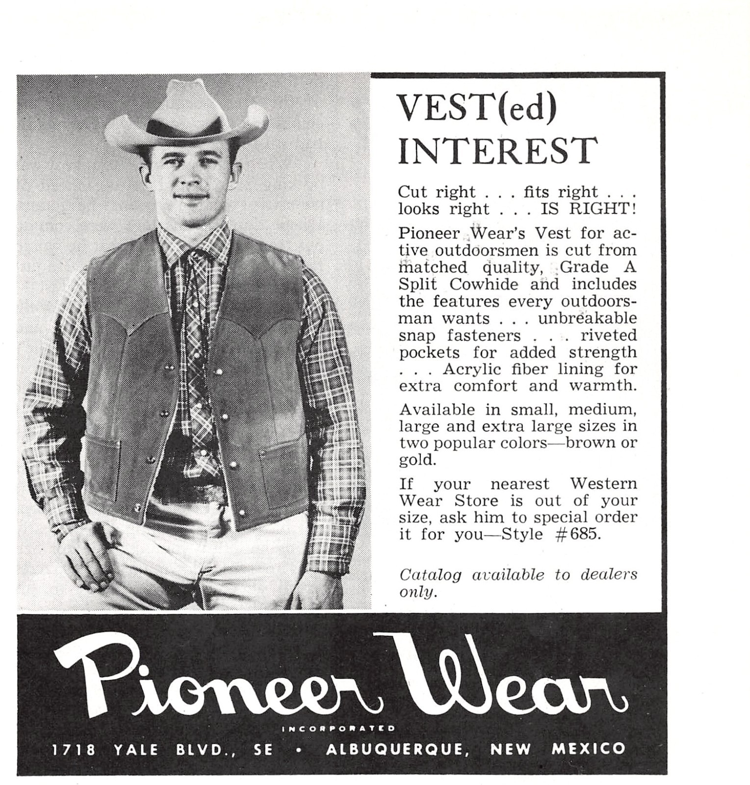 Pioneer Wear Split Cowhide Vest Western Clothing New Mexico Vintage Mag Print Ad