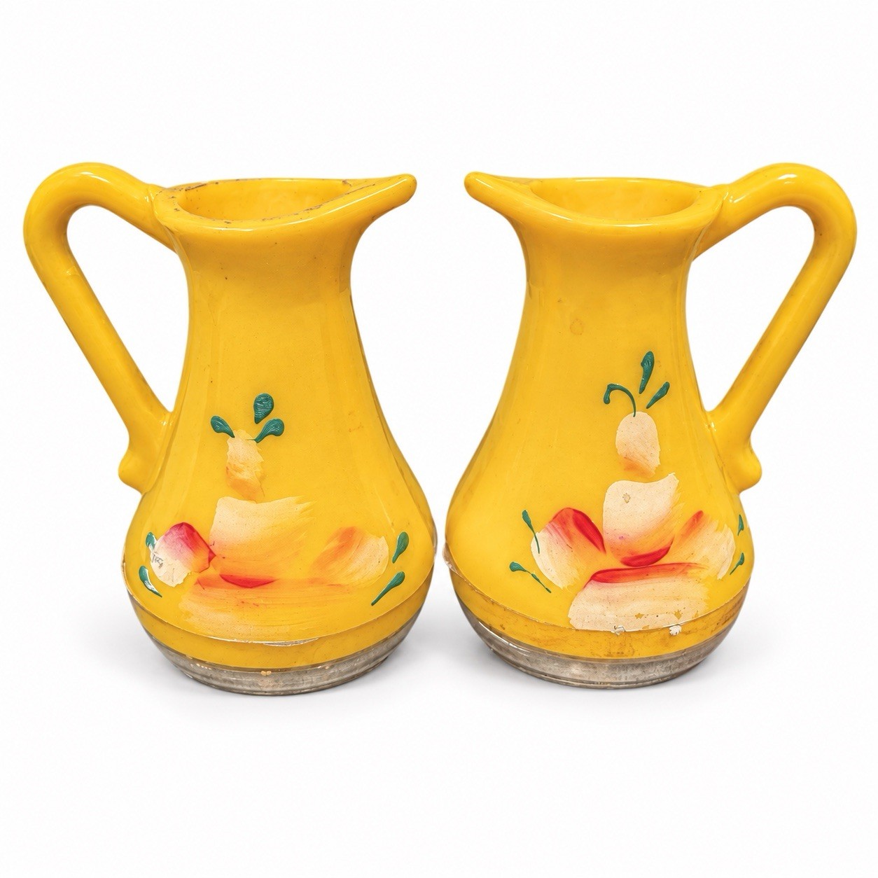 VTG Yellow Plastic Salt Pepper Shakers MCM Hand Painted Floral Pitcher Set 70s