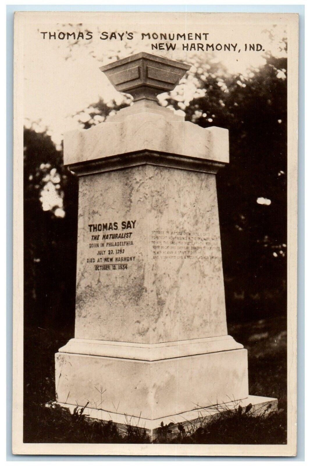 c1910\'s Thomas Say Monument New Harmony Indiana IN Antique RPPC Photo Postcard c1910\'s Thomas Say Monument New Harmony Indiana IN Antique RPPC Photo Postcard