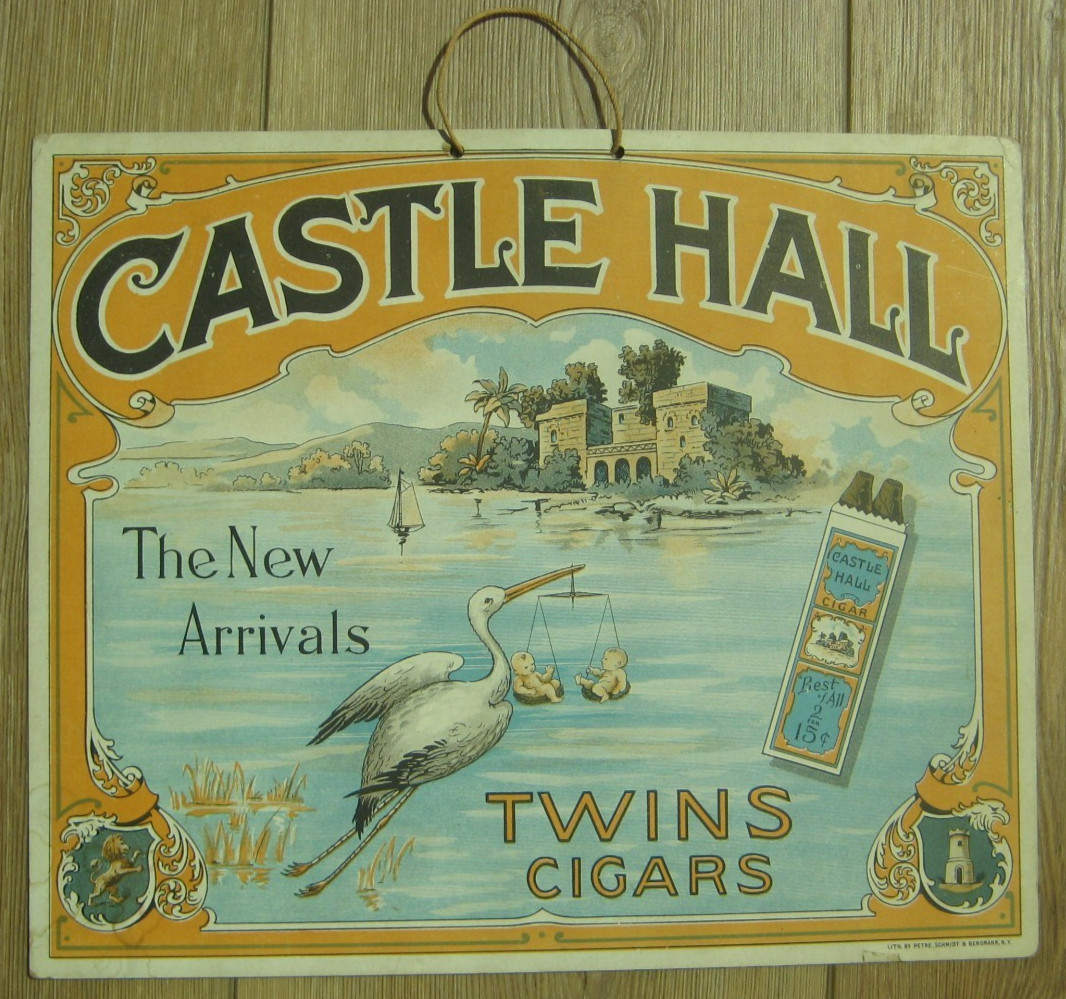 c1915, Paper Board Lithograph Tobacco Sign, Castle Hall Twins Cigars, VG c1915, Paper Board Lithograph Tobacco Sign, Castle Hall Twins Cigars, VG