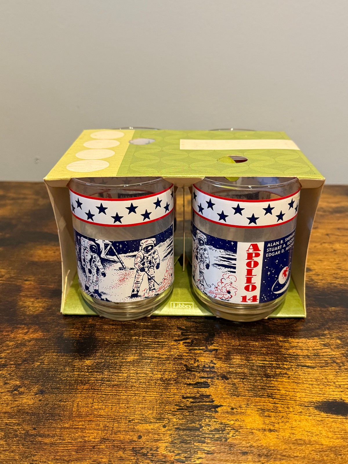 1971 Libbey Glass Apollo 14 Glasses - Set of 4 With Original Carrier - NASA