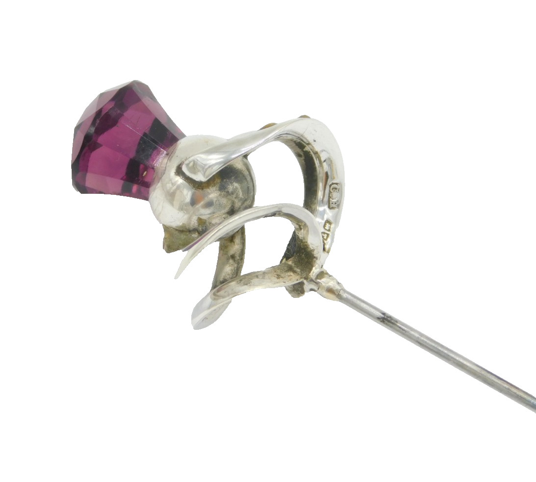Charles Horner Sterling Silver & Amethyst Paste Thistle Hat Pin Antique Chester