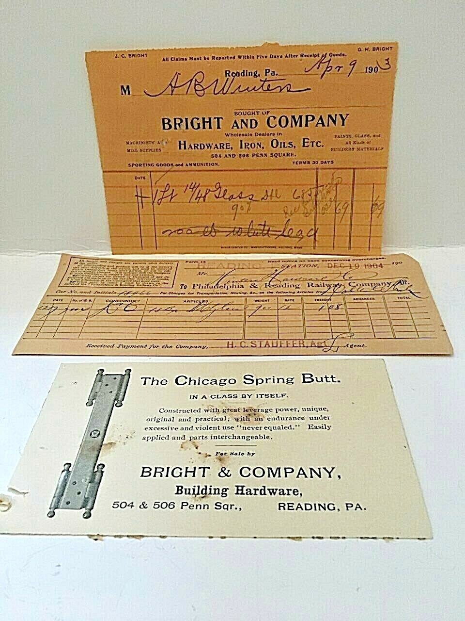 (3) Vintage 1903-1904 Reading, PA Invoices and Ad.  Y1