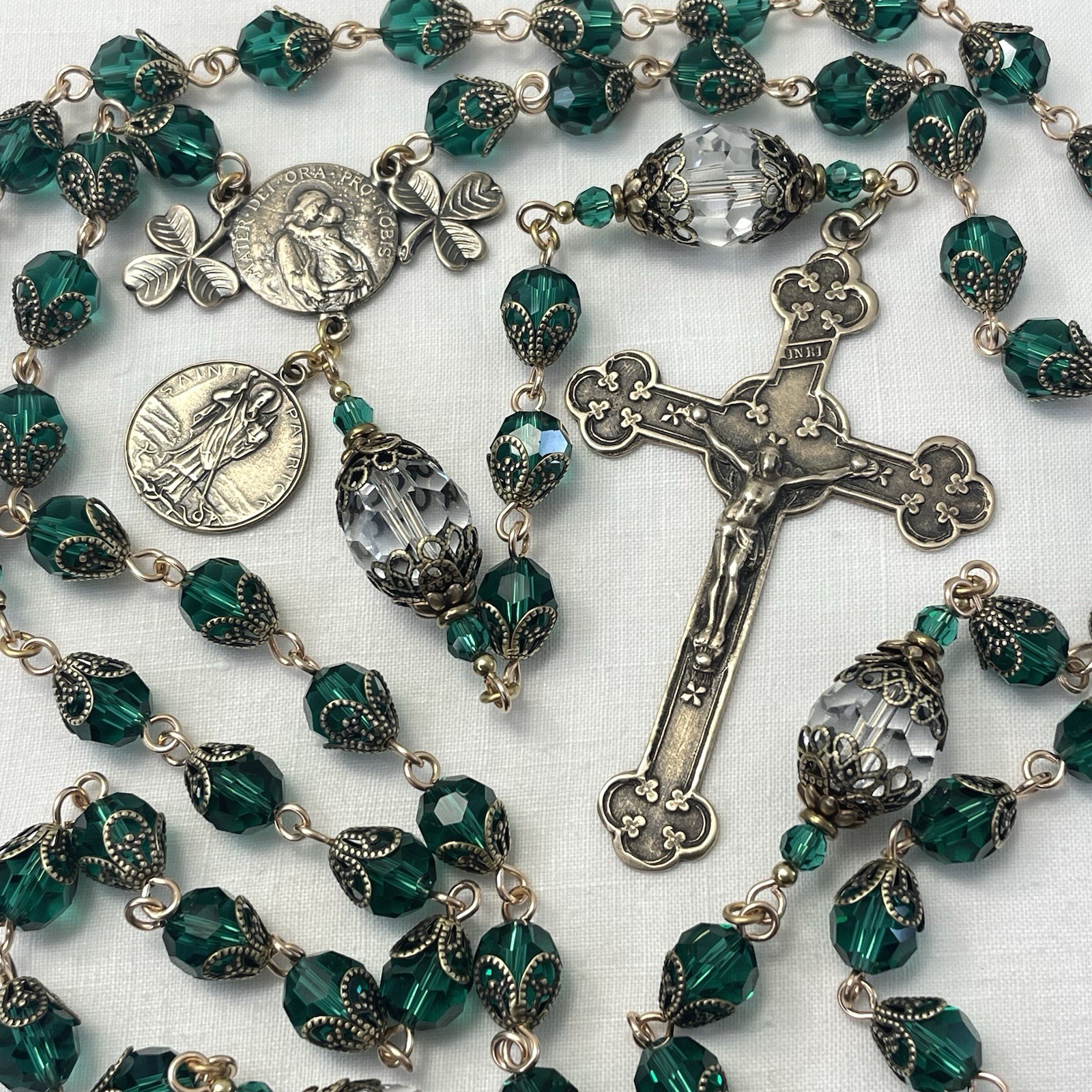 Irish Rosary Emerald Green Crystals Bronze Crucifix Shamrock Center St Patrick