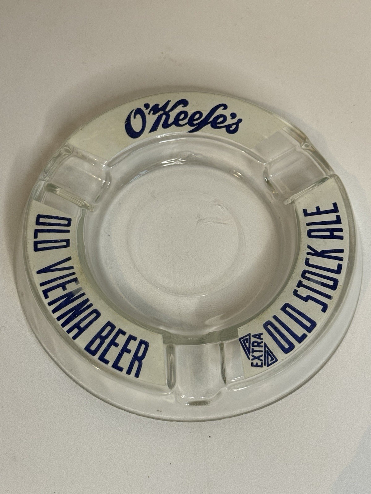 O’Keefe’s Old Vienna Beer Vintage Clear Glass Blue On White Label Ashtray