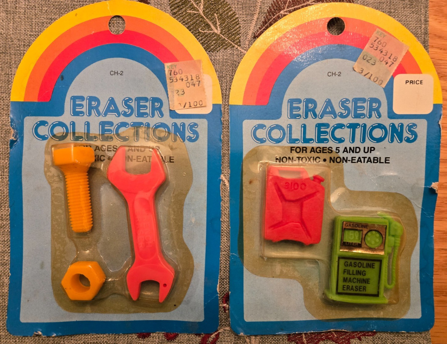 Vintage 80's Eraser Collections, 2 NIP, Gas Can, Gas Pump, Wrench, Nut & Bolt