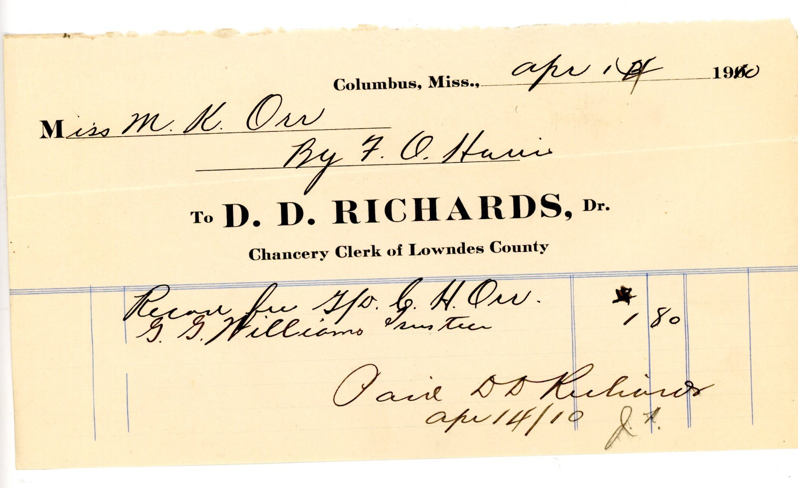 1910 Columbus, Mississippi Chancery Clerk Receipt DD Richards to Miss M.H. Orr 1910 Columbus, Mississippi Chancery Clerk Receipt DD Richards to Miss M.H. Orr