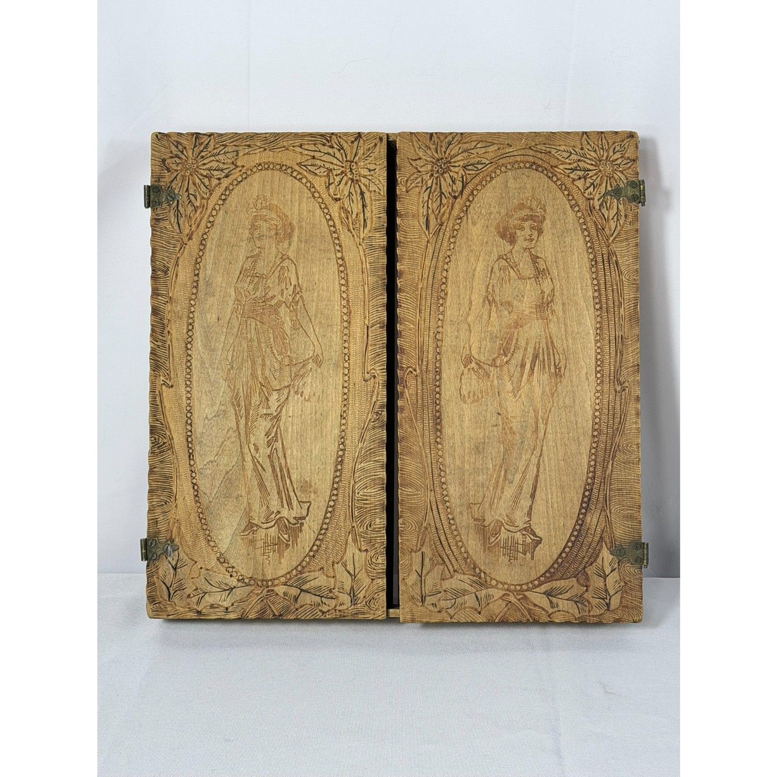 Antique Flemish Art Nouveau Pyrography Double Door Box Gibson Girl Panel Hinged