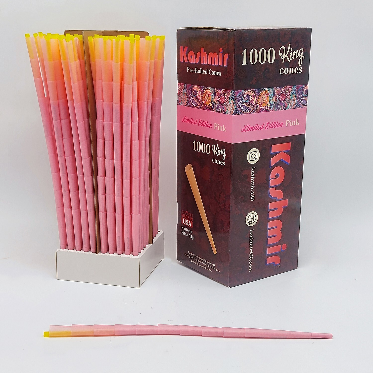 Kashmir Pre Rolled Cones King Sized Pink Rolling Cones Bulk Box 1000 CT W/Tips