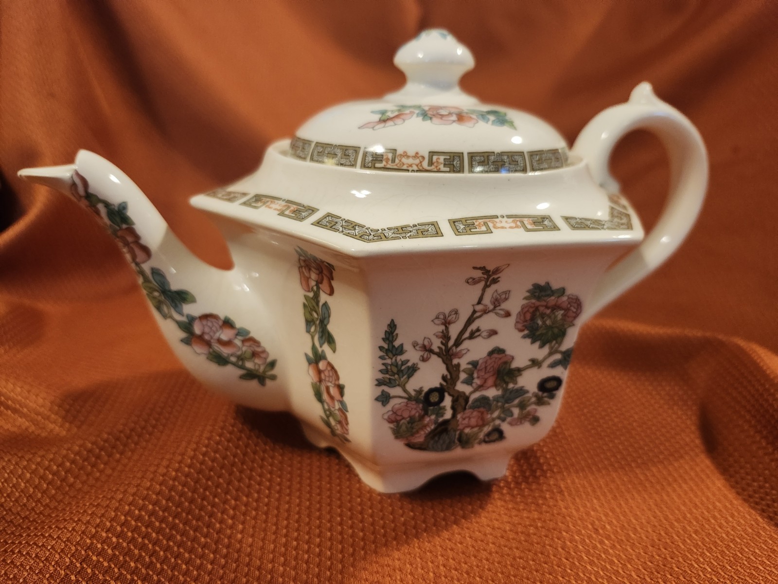 Sadler England Hexagon Teapot Asian Floral Gold Trim, Hand Marked B