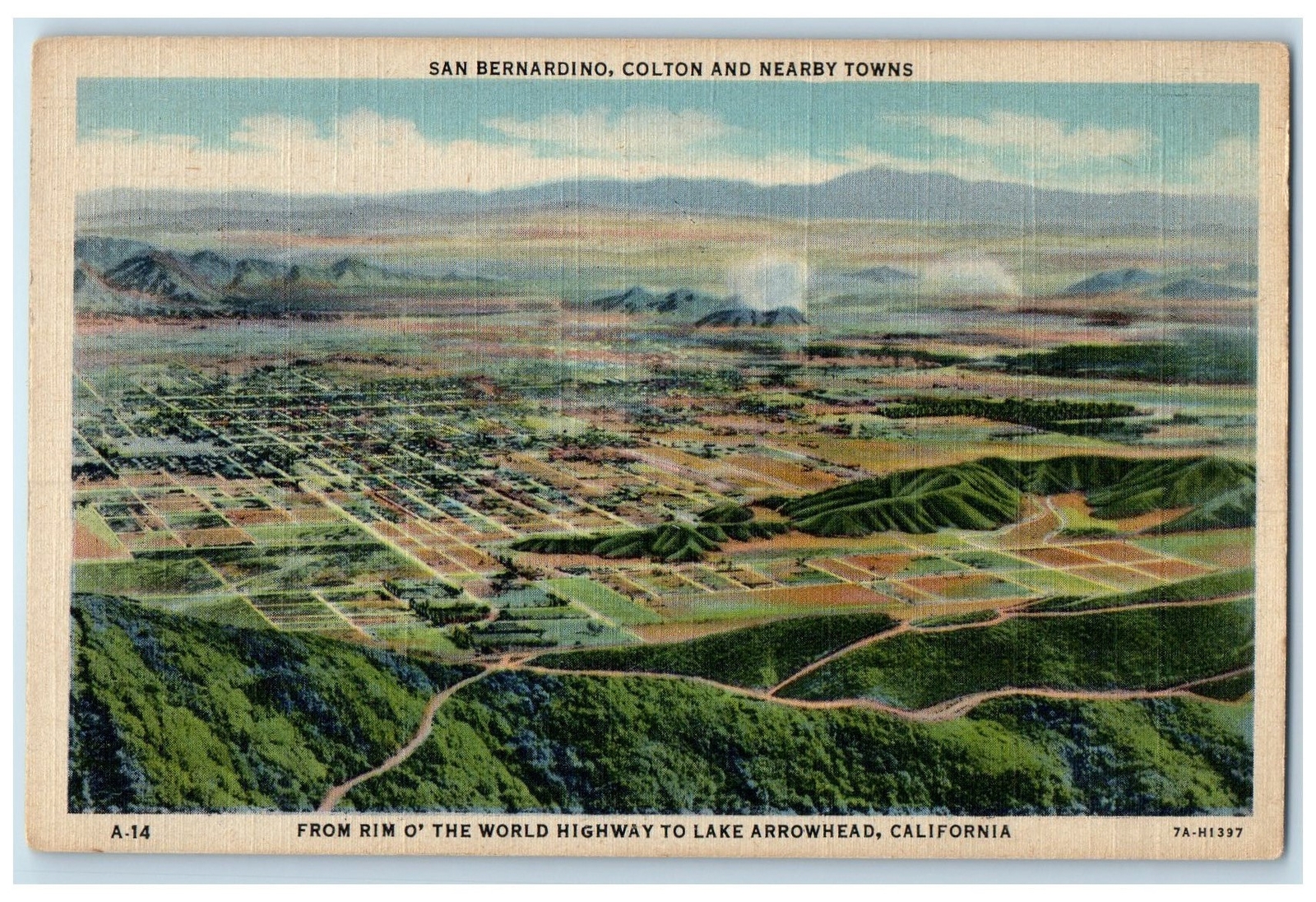 c1940\'s Aerial View From Rim O\' World Highway Lake Arrowhead California Postcard c1940\'s Aerial View From Rim O\' World Highway Lake Arrowhead California Postcard