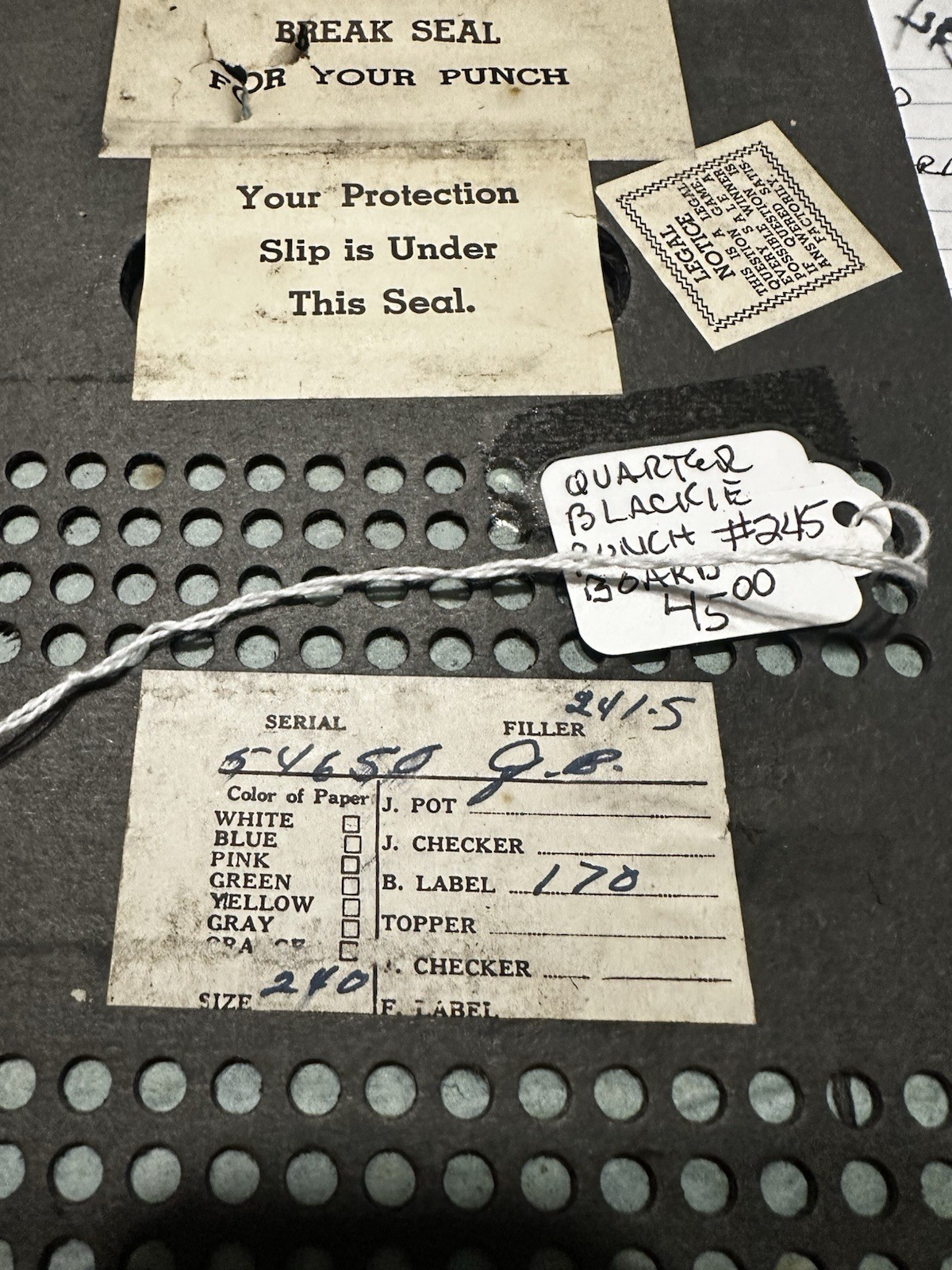 Vintage Player Piano Roll Paper Quarter Blackie Punchboard w/ Seal, Serial 6450