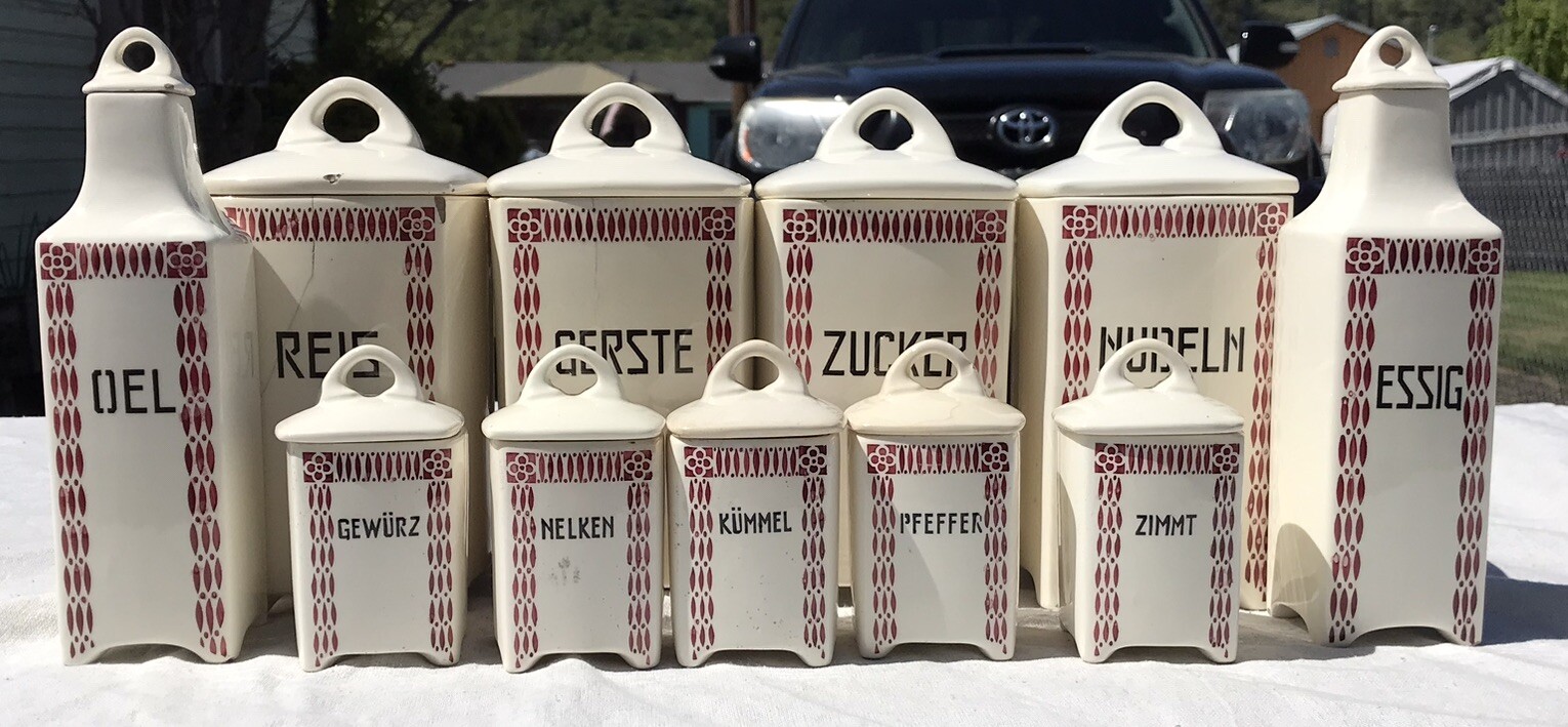 Antq Rare Red GERMAN PORCELAIN CANISTER SPICE JAR CRUET Vtg Art Deco Set 22 Pc