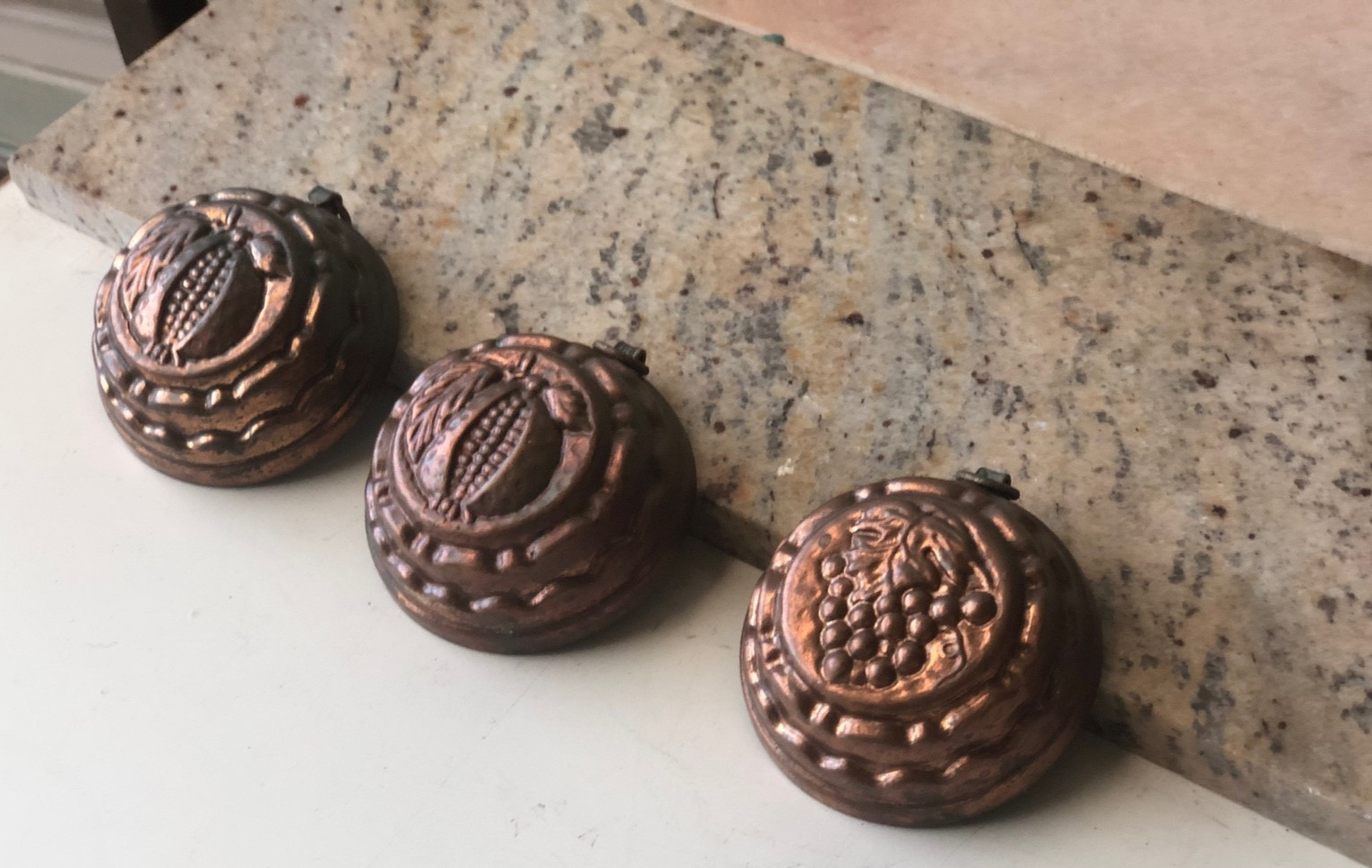 Collection of 3 Mini Vintage French Copper Hanging Molds Moulds w/ a Fruit Motif