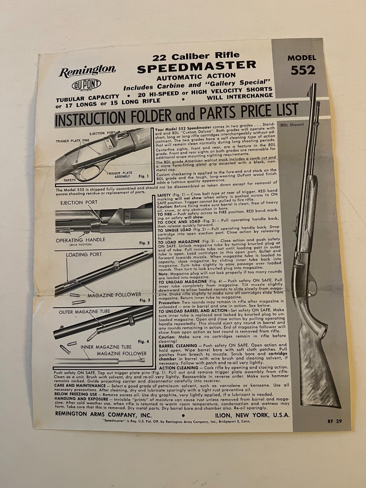 REMINGTON 22 Cal Rifle SPEEDMASTER Model 552 Instruction Folder