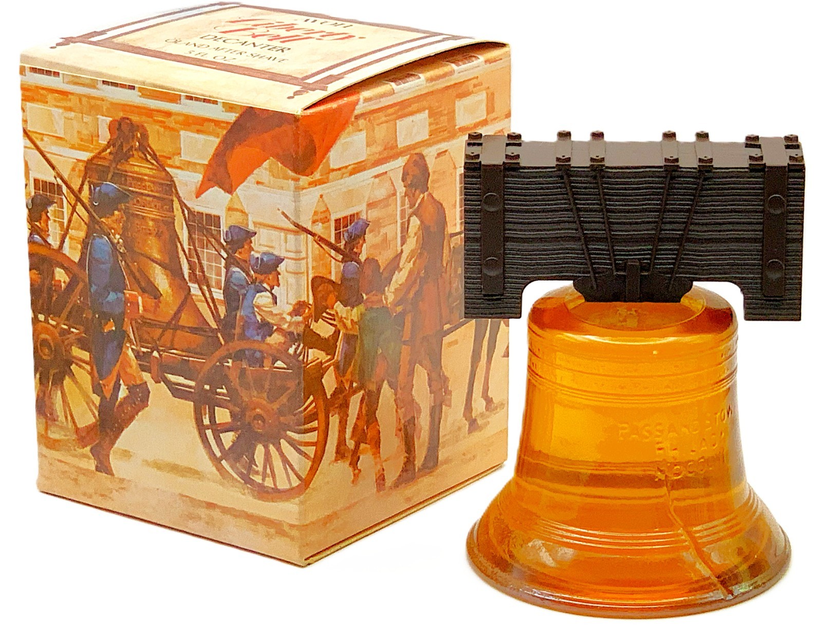 New Avon Amber Glass Liberty Bell Bottle Unused OLAND Aftershave Box 5oz Vtg 70s