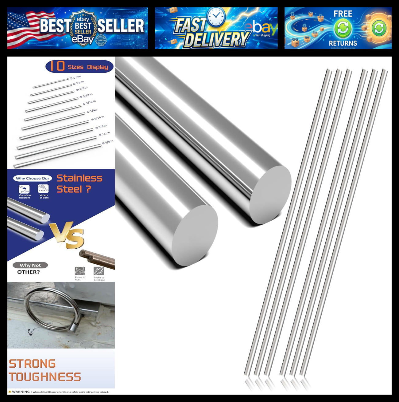 6 Pcs 304 Stainless Steel Round Rods - 5/16