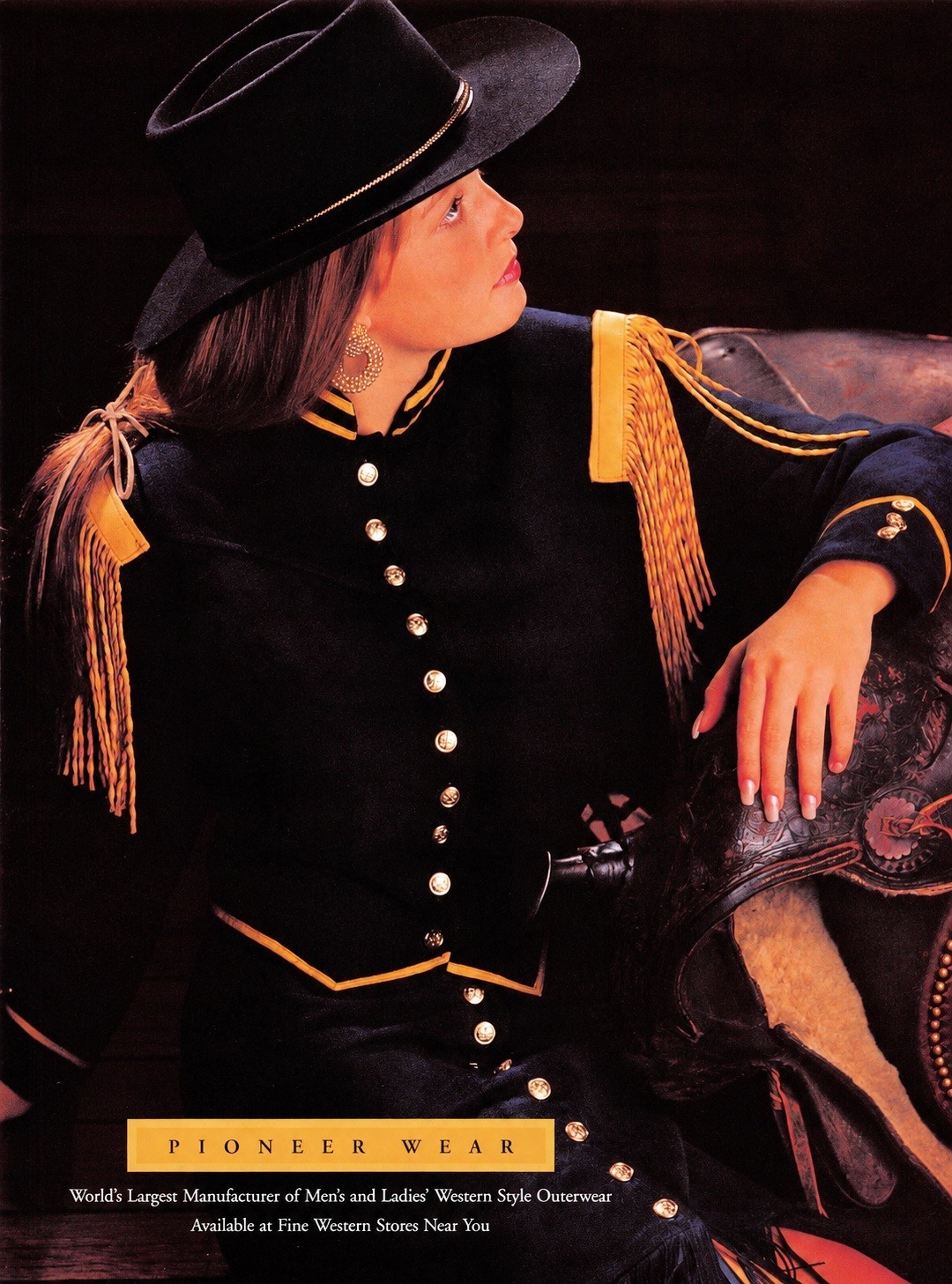 Pioneer Wear Ladies\' Western Cowboy Rebel Fringe Jacket 1994 Magazine Print Ad