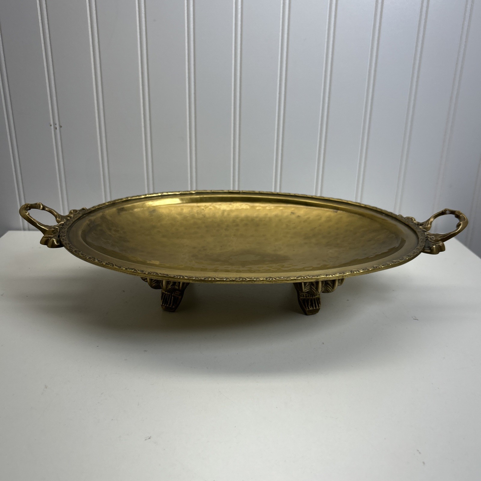 Vtg Brass Footed Serving Tray/Centerpiece With Handles Heavy 