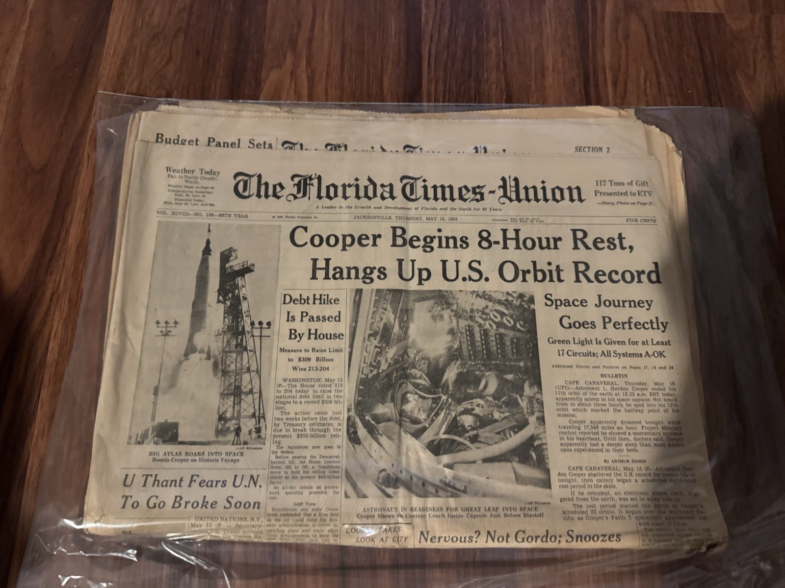 The Florida Times-Union Newspaper May 16, 1963 Cooper Begins 8-Hour Rest